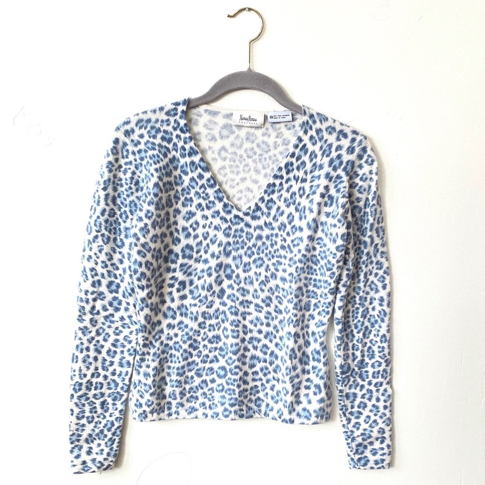 Neiman Marcus NWOT 100% Cashmere Blue Leopard Sweater